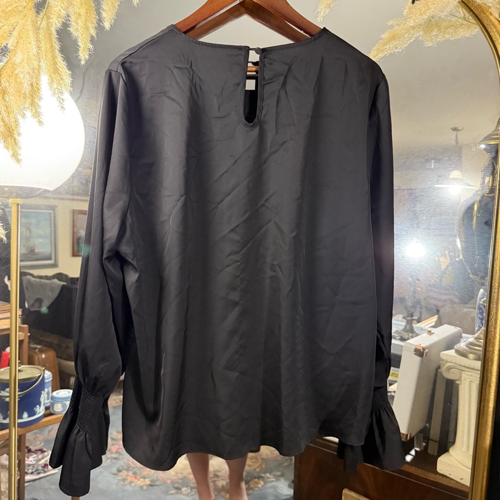Dressin Women’s Black Long Puff Sleeve Blouse with Smocked Wrists - Picture 6 of 7